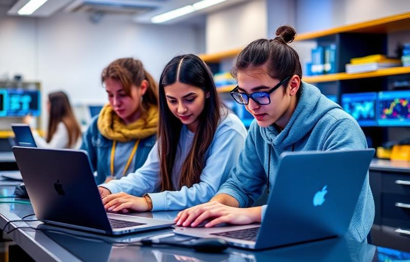 Students working with AI technology and research in a modern lab setting