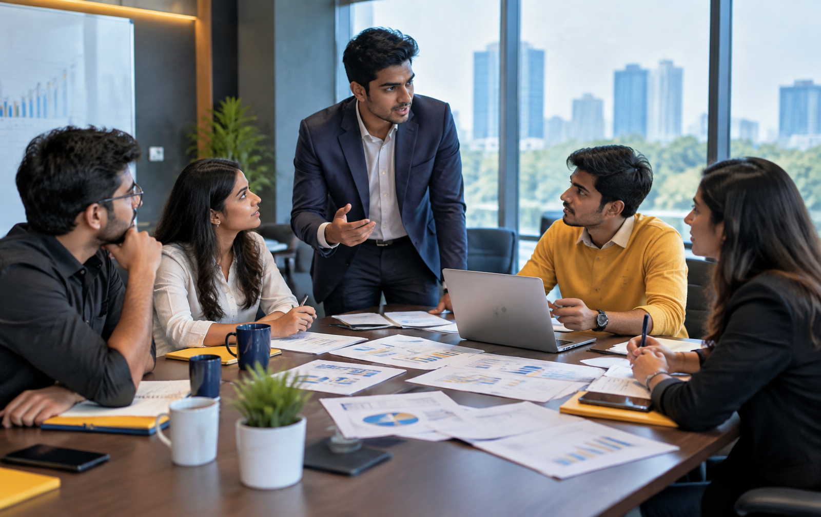 Undergraduate and postgraduate students collaborating in a Business Sprint Challenge live business simulation and making strategic boardroom decisions
