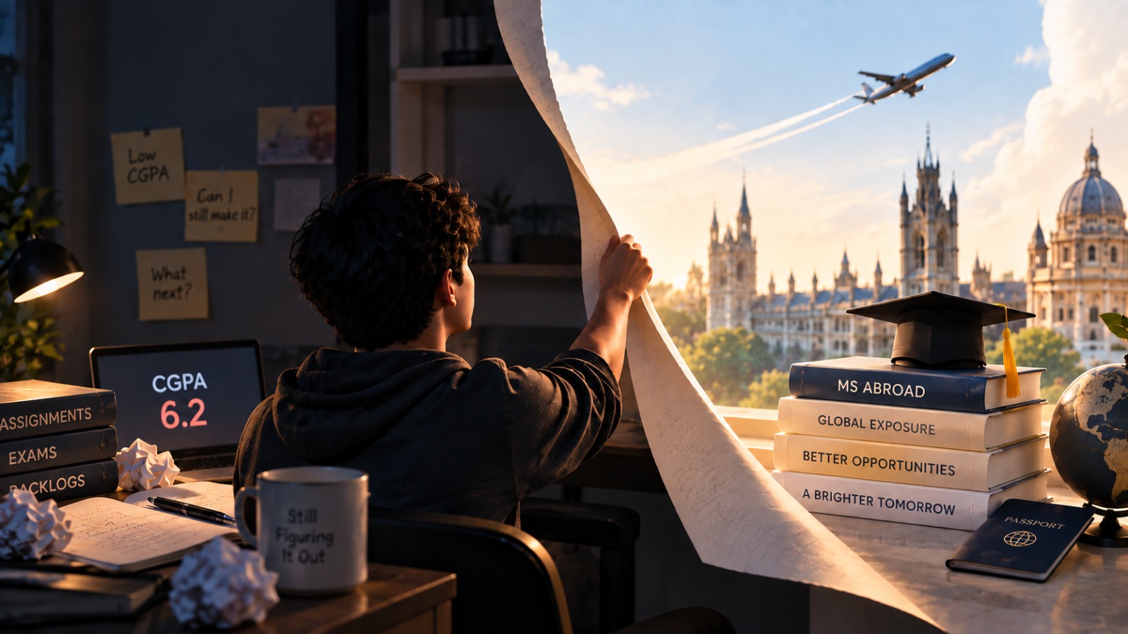 Student with a low CGPA for MS abroad looking towards a global university campus, symbolising how to study abroad with a low CGPA and improve your profile for MS admissions