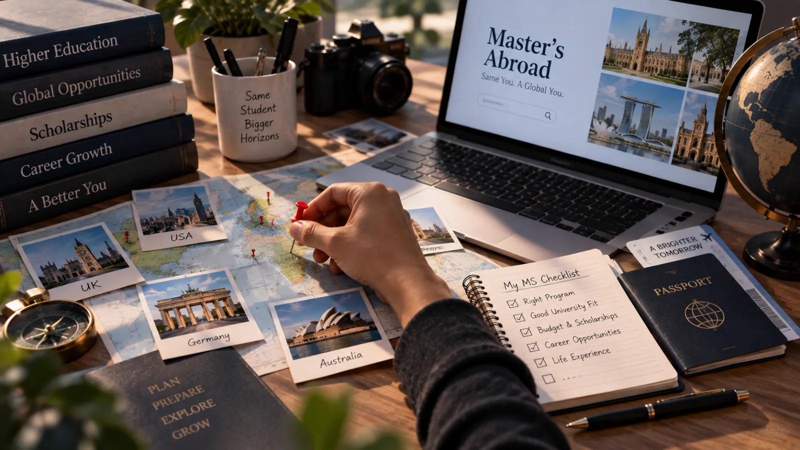 Indian student shortlisting universities for MS abroad, ticking an MS checklist of university fit, budget and scholarships beside a world map with pinned study destinations and a laptop showing Master's abroad programmes